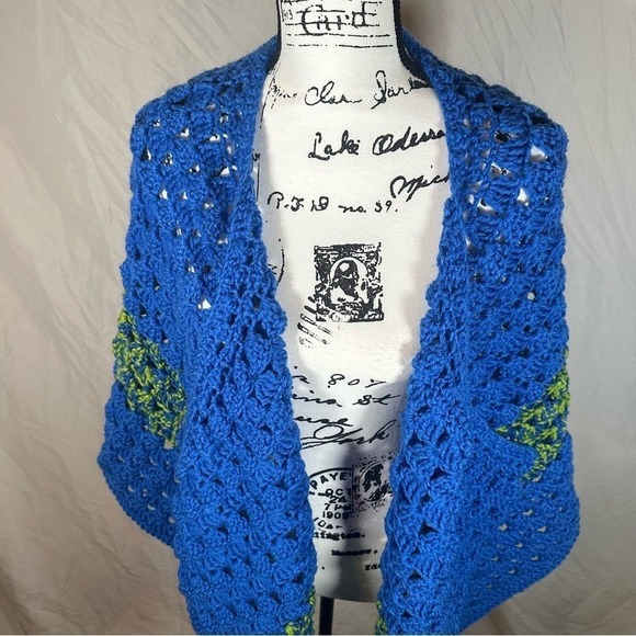 Sweaters - Handmade Crochet Wrap Shawl Blue & Green One Size Cottagecore Grandmacore